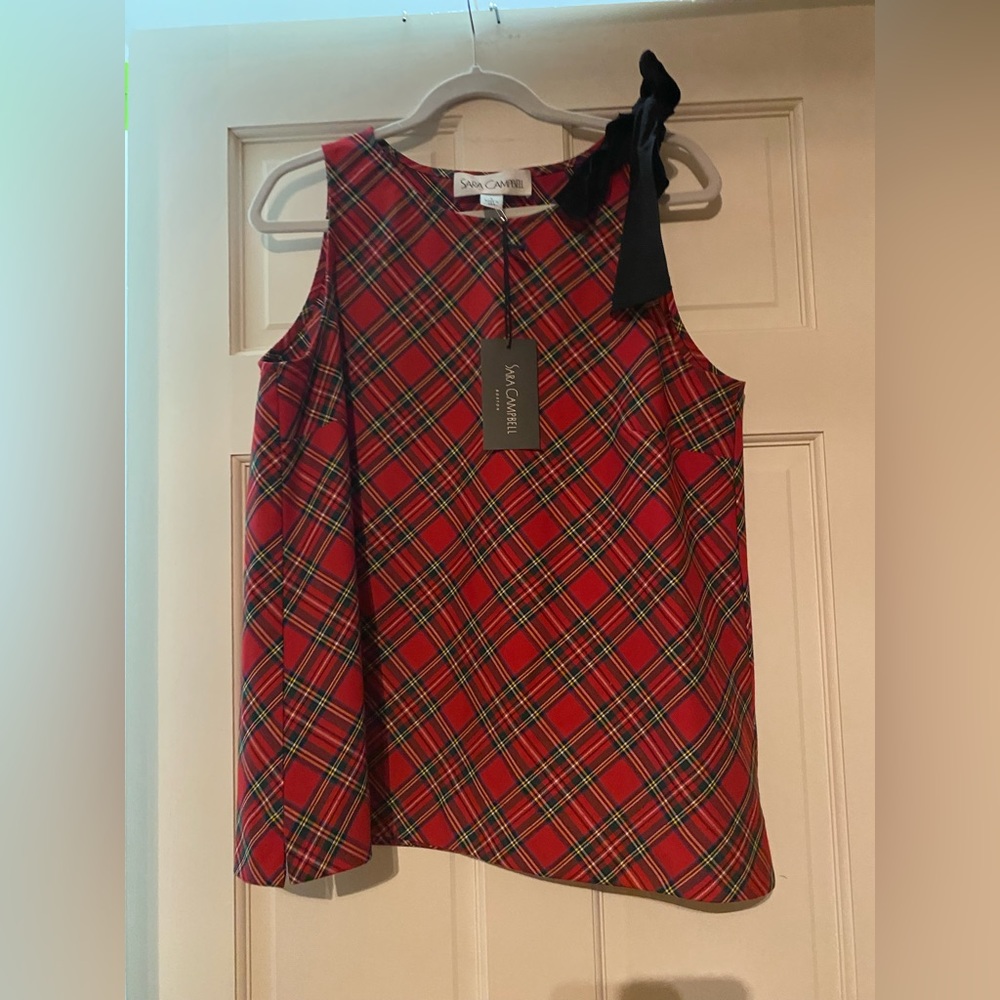 NWT Sarah Campbell Plaid Bow tie Top